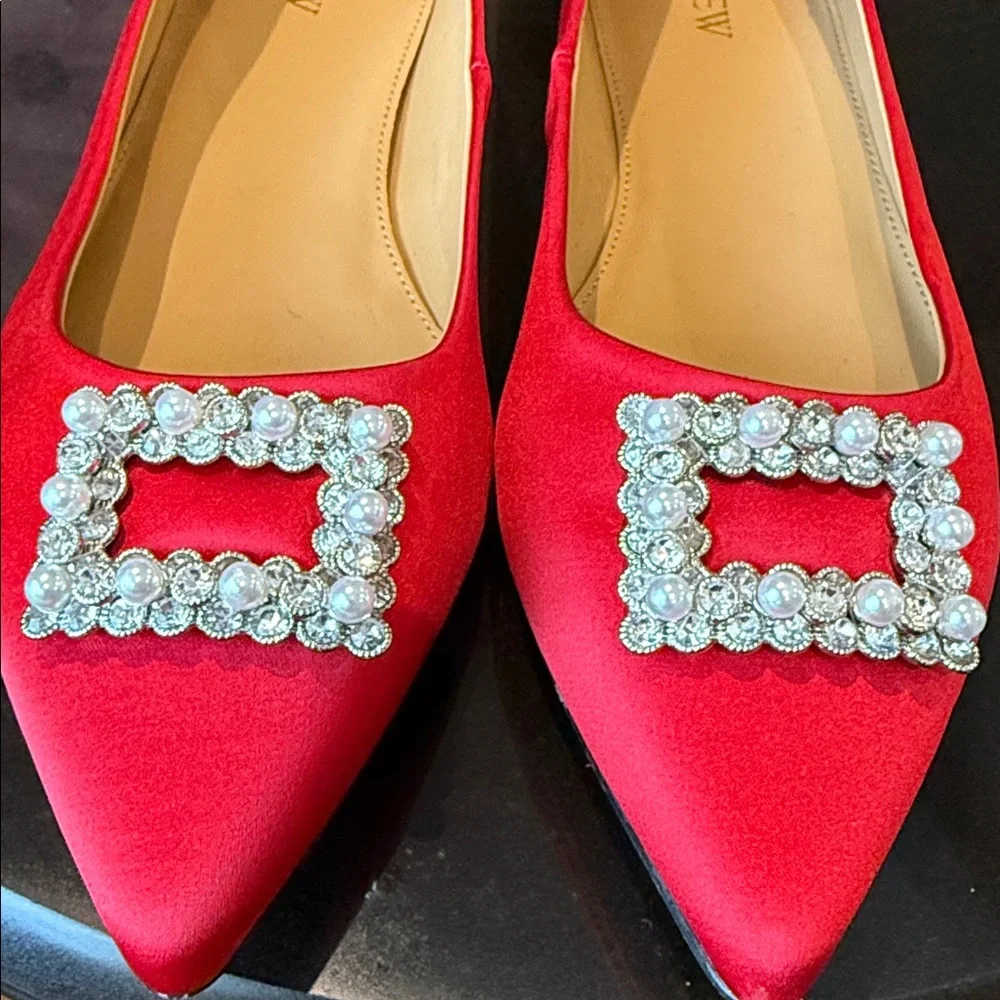 J.Crew Women’s BU507 Red Satin Pointed Toe Jeweled Buckle Evening Flats 10 NEW